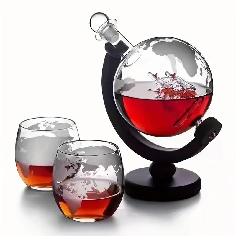 Zestaw Karafka Globus do Whisky – Stylowa Karafka bez Ołowiu + 2 Szklanki i Drewniana Podstawka | Prezent dla Mężczyzny